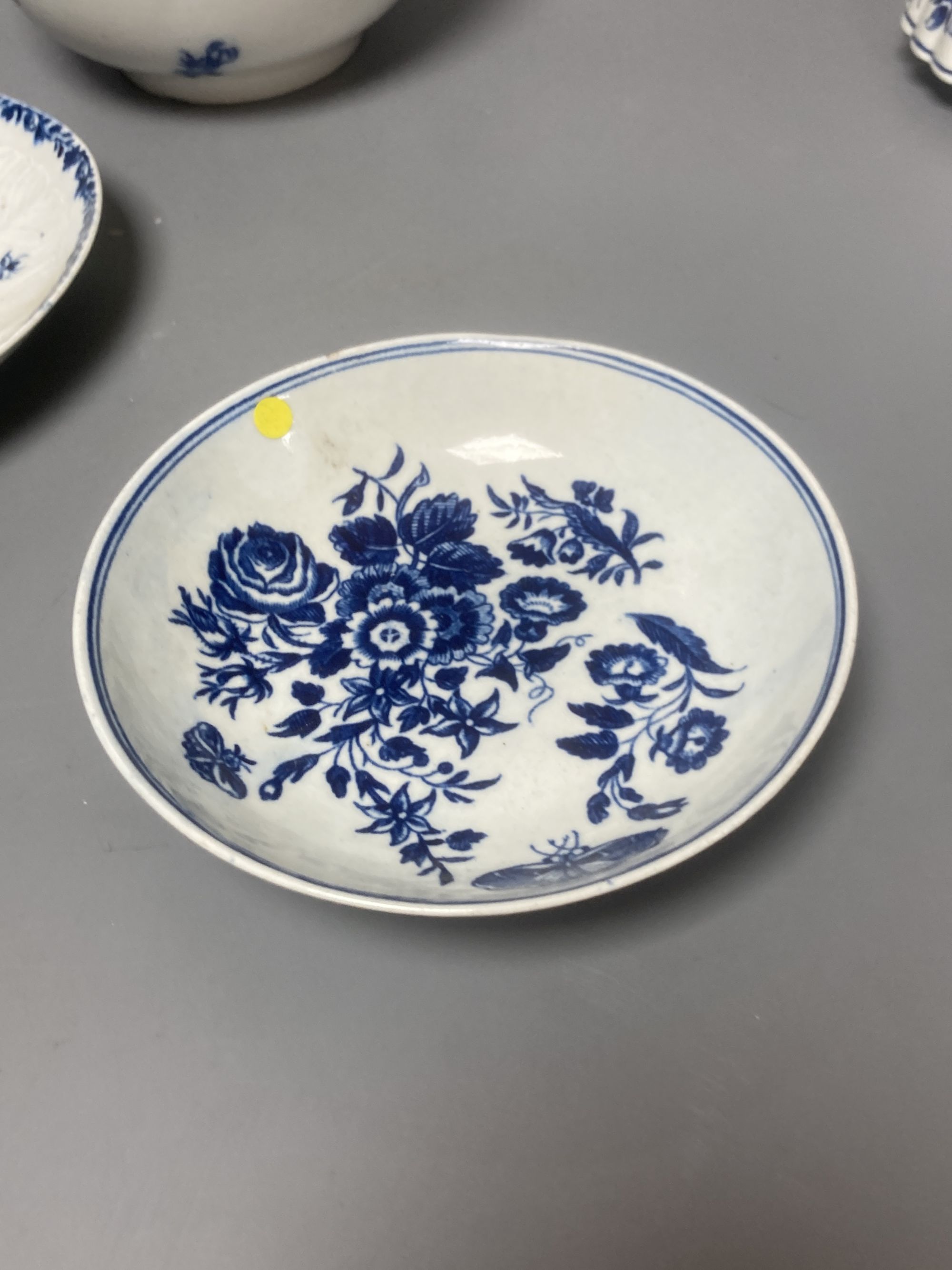 A group of Worcester blue and white ceramics, a Japan pattern cup and a Samson blue and white saucer, tallest 8cm